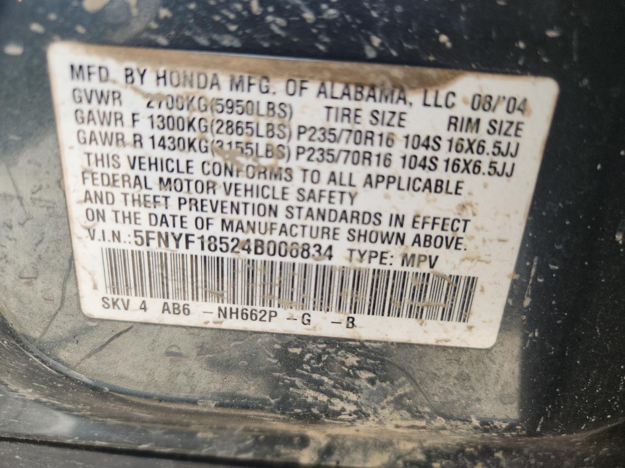 2004 Honda Pilot Exl VIN: 5FNYF18524B006834 Lot: 64800805