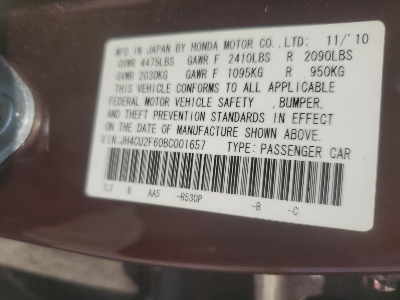2011 Acura Tsx VIN: JH4CU2F60BC001657 Lot: 63386505