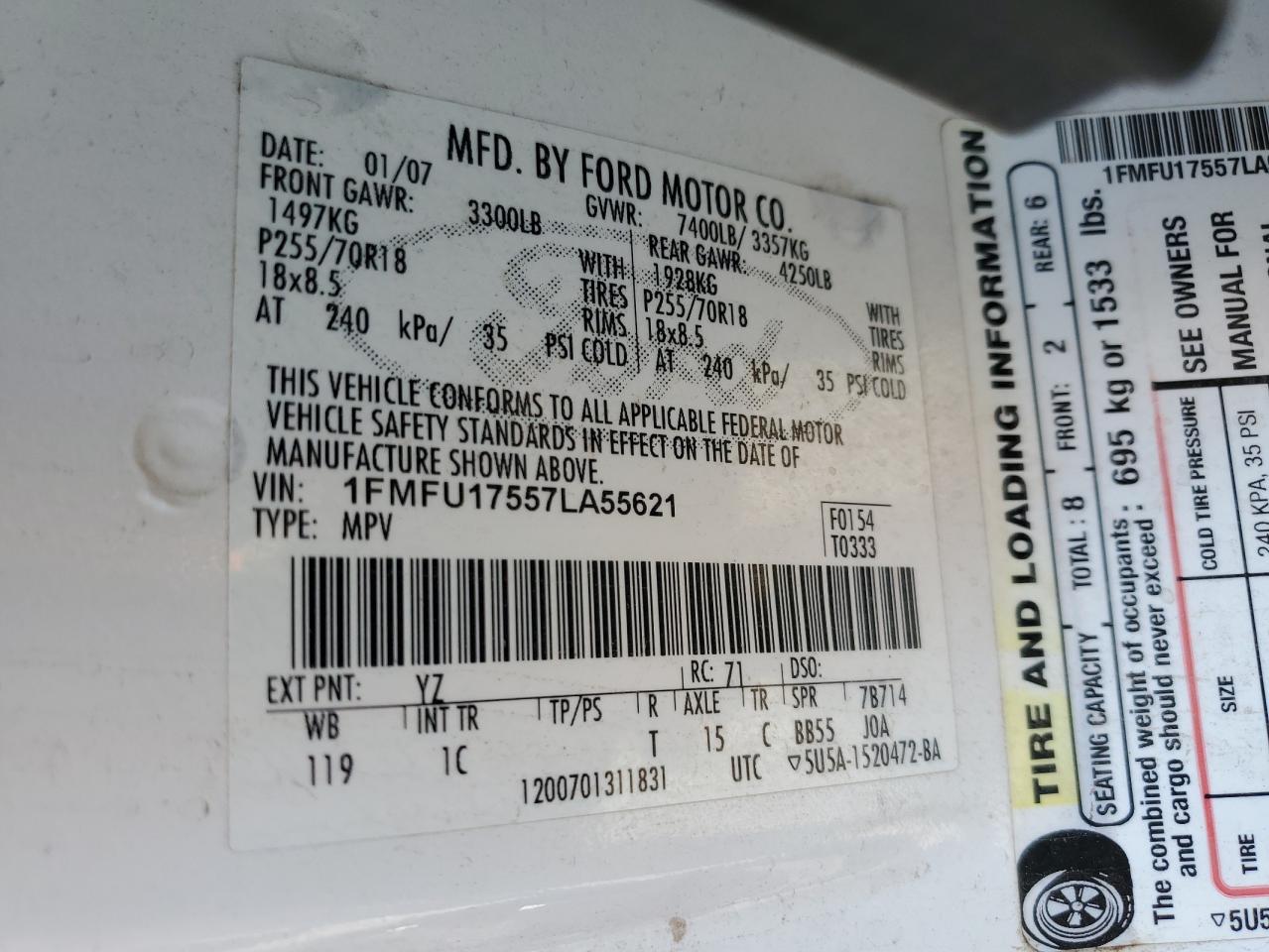 2007 Ford Expedition Eddie Bauer VIN: 1FMFU17557LA55621 Lot: 60856985