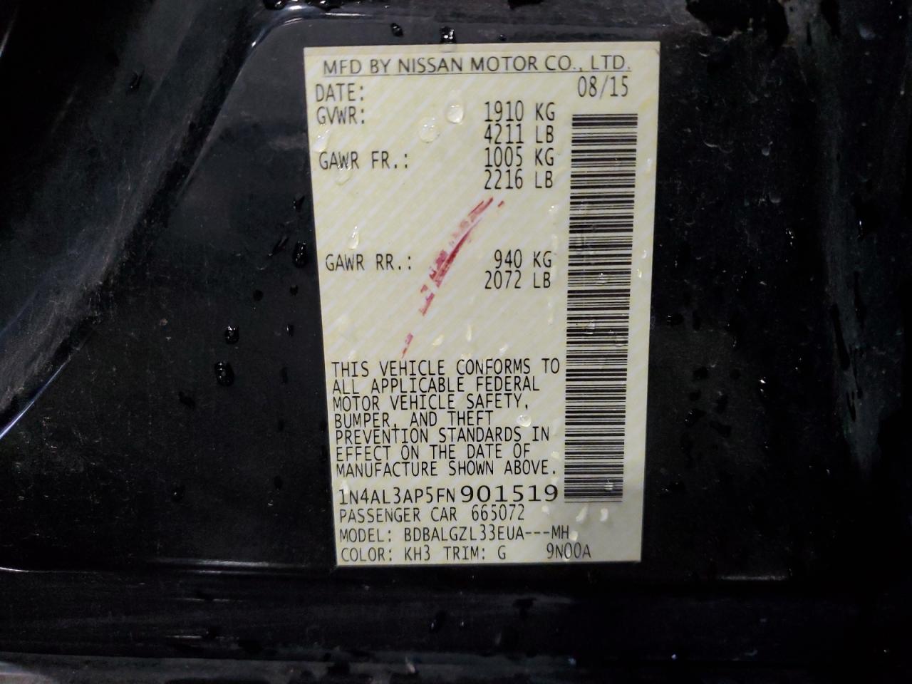 2015 Nissan Altima 2.5 VIN: 1N4AL3AP5FN901519 Lot: 65522325