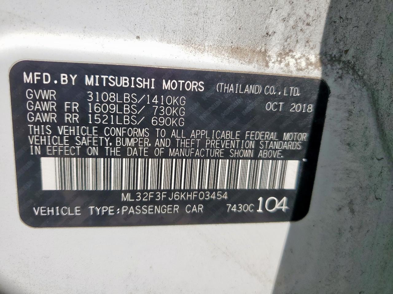 2019 Mitsubishi Mirage G4 Es VIN: ML32F3FJ6KHF03454 Lot: 63476785