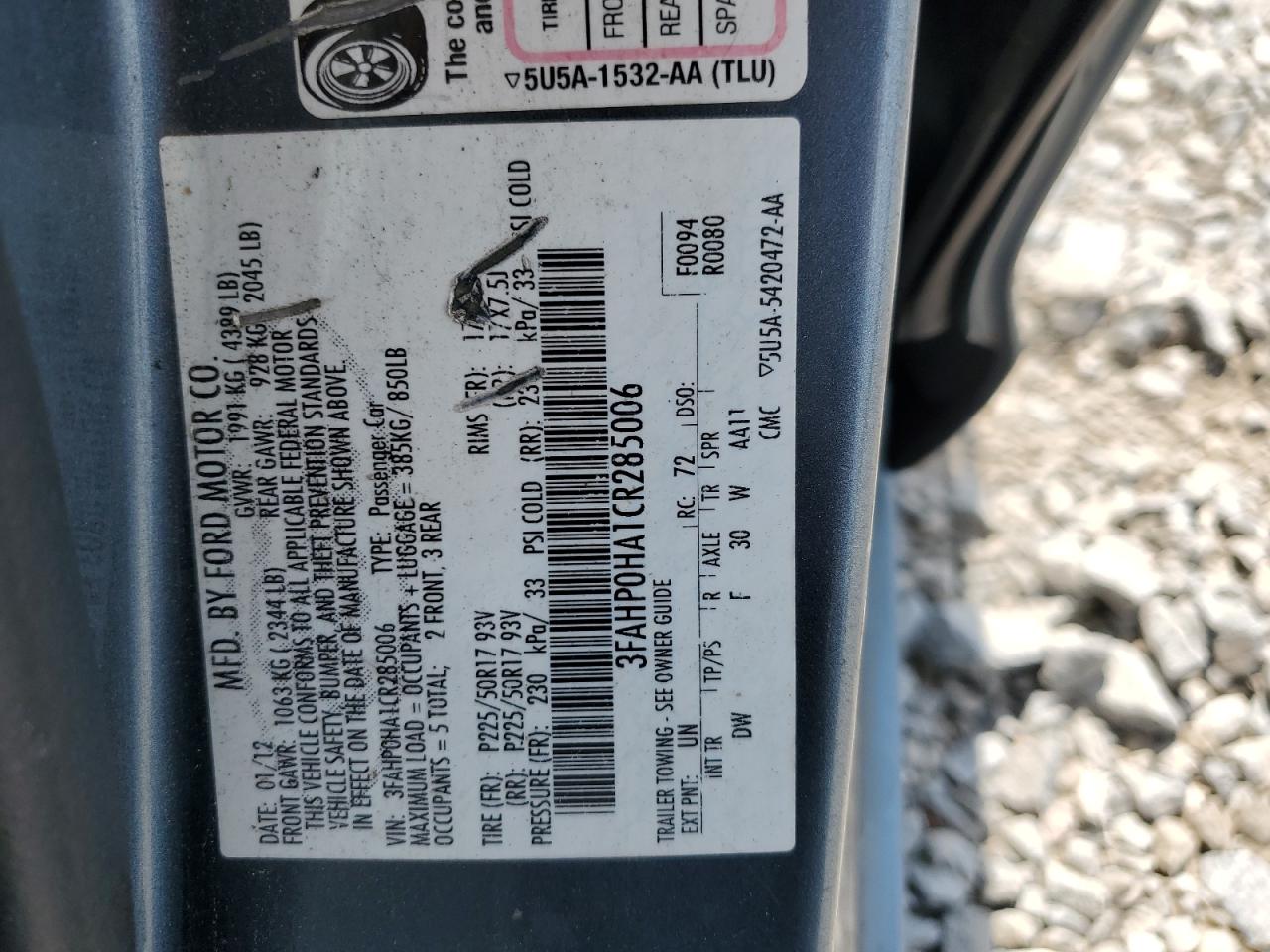 2012 Ford Fusion Se VIN: 3FAHP0HA1CR285006 Lot: 64078245