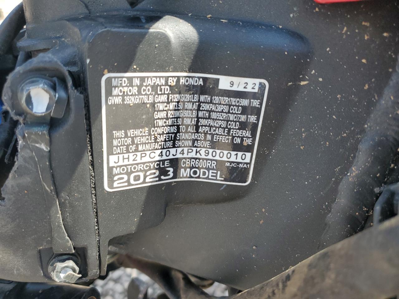 2023 Honda Cbr600 Rr VIN: JH2PC40J4PK900010 Lot: 65248415
