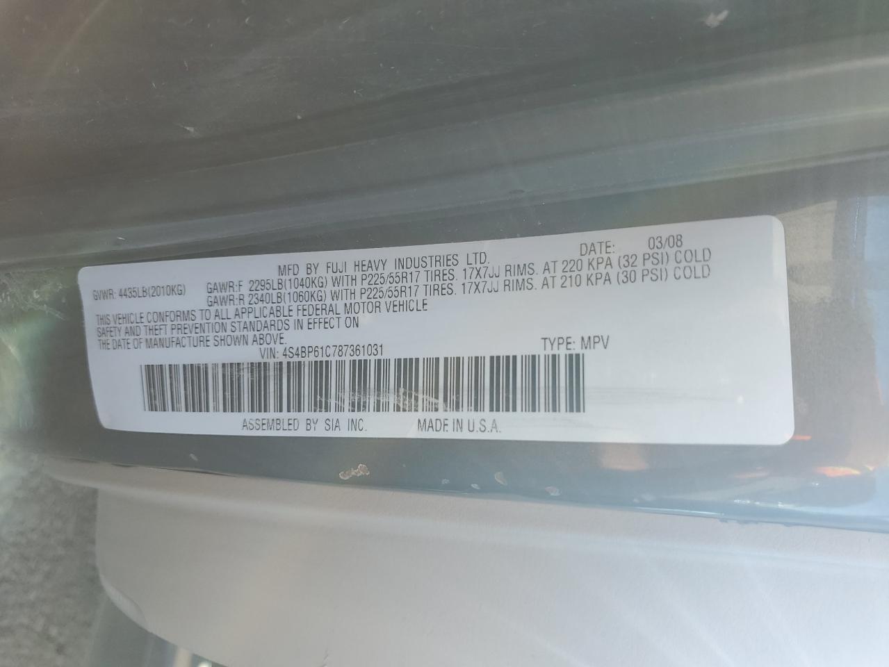 2008 Subaru Outback 2.5I VIN: 4S4BP61C787361031 Lot: 64031245