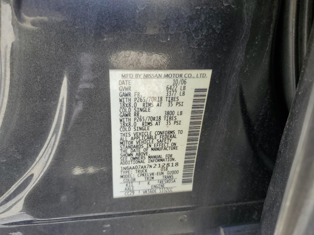2007 Nissan Titan Xe VIN: 1N6AA07AX7N212818 Lot: 63445805