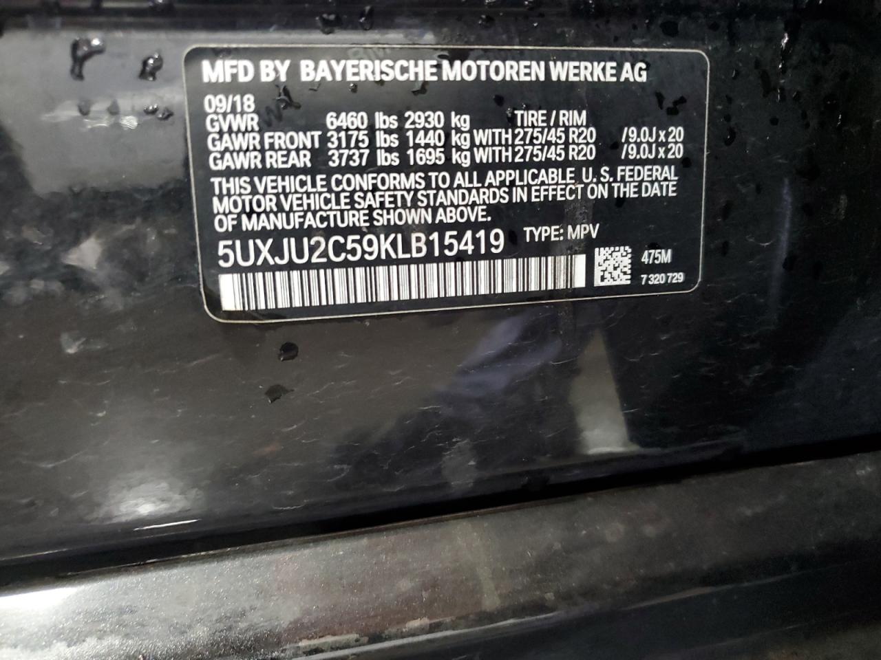 2019 BMW X5 xDrive50I VIN: 5UXJU2C59KLB15419 Lot: 63827555