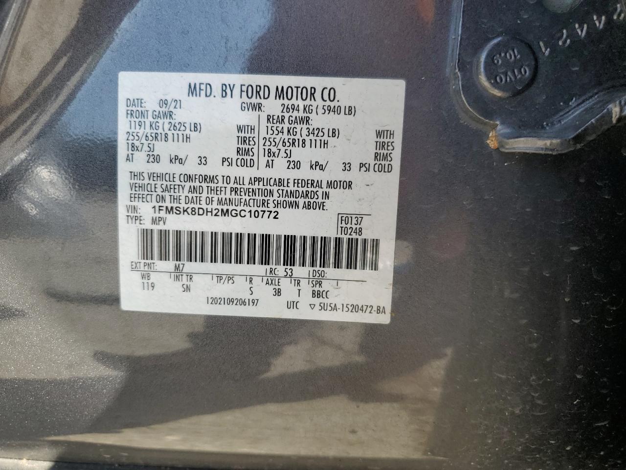 2021 Ford Explorer Xlt VIN: 1FMSK8DH2MGC10772 Lot: 65034365
