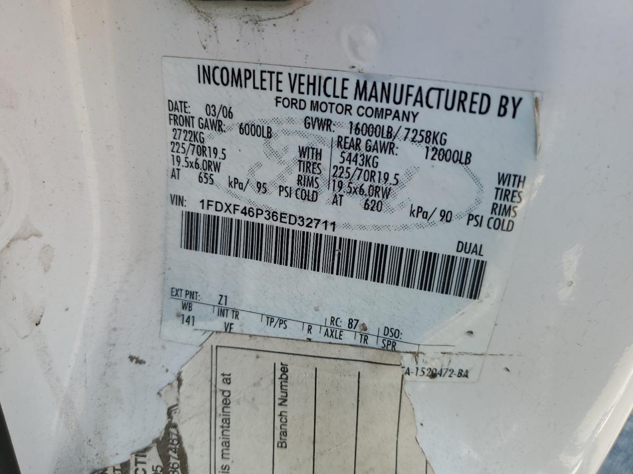 2006 Ford F450 Super Duty VIN: 1FDXF46P36ED32711 Lot: 63218415