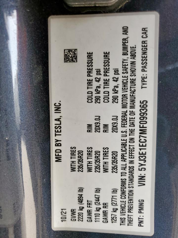 2021 Tesla Model 3 VIN: 5YJ3E1EC7MF099365 Lot: 65252775