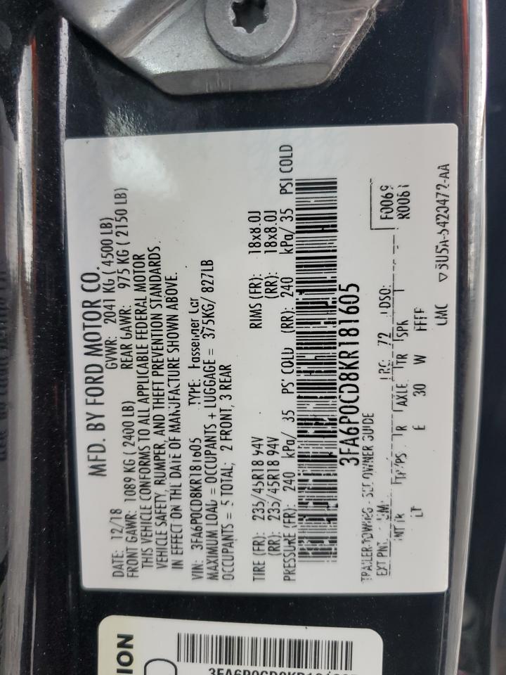 2019 Ford Fusion Sel VIN: 3FA6P0CD8KR181605 Lot: 65249125