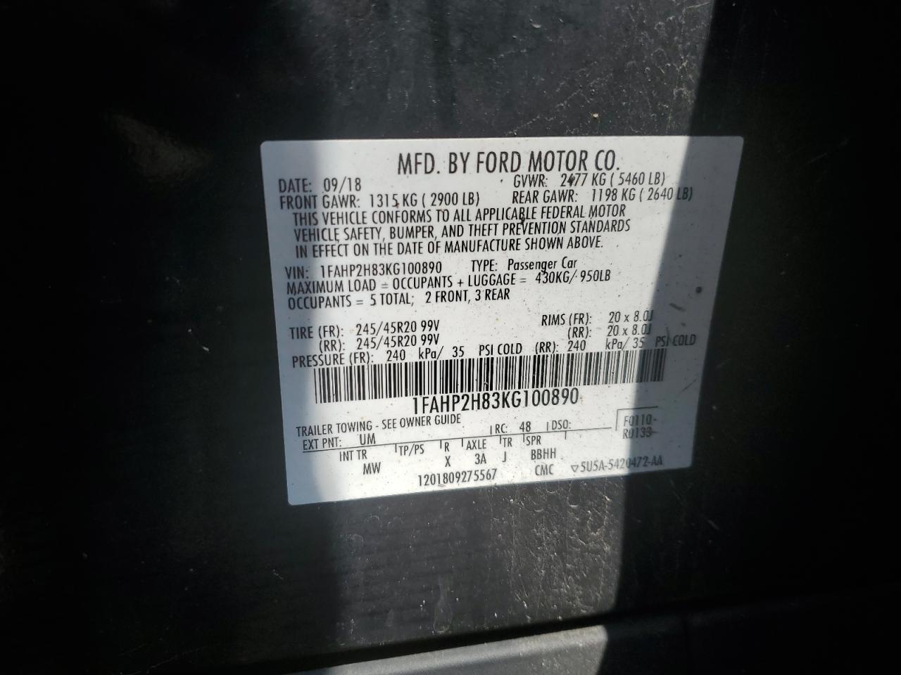 2019 Ford Taurus Sel VIN: 1FAHP2H83KG100890 Lot: 64288285