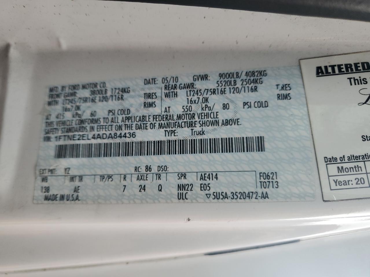 2010 Ford Econoline E250 Van VIN: 1FTNE2EL4ADA84436 Lot: 66847365