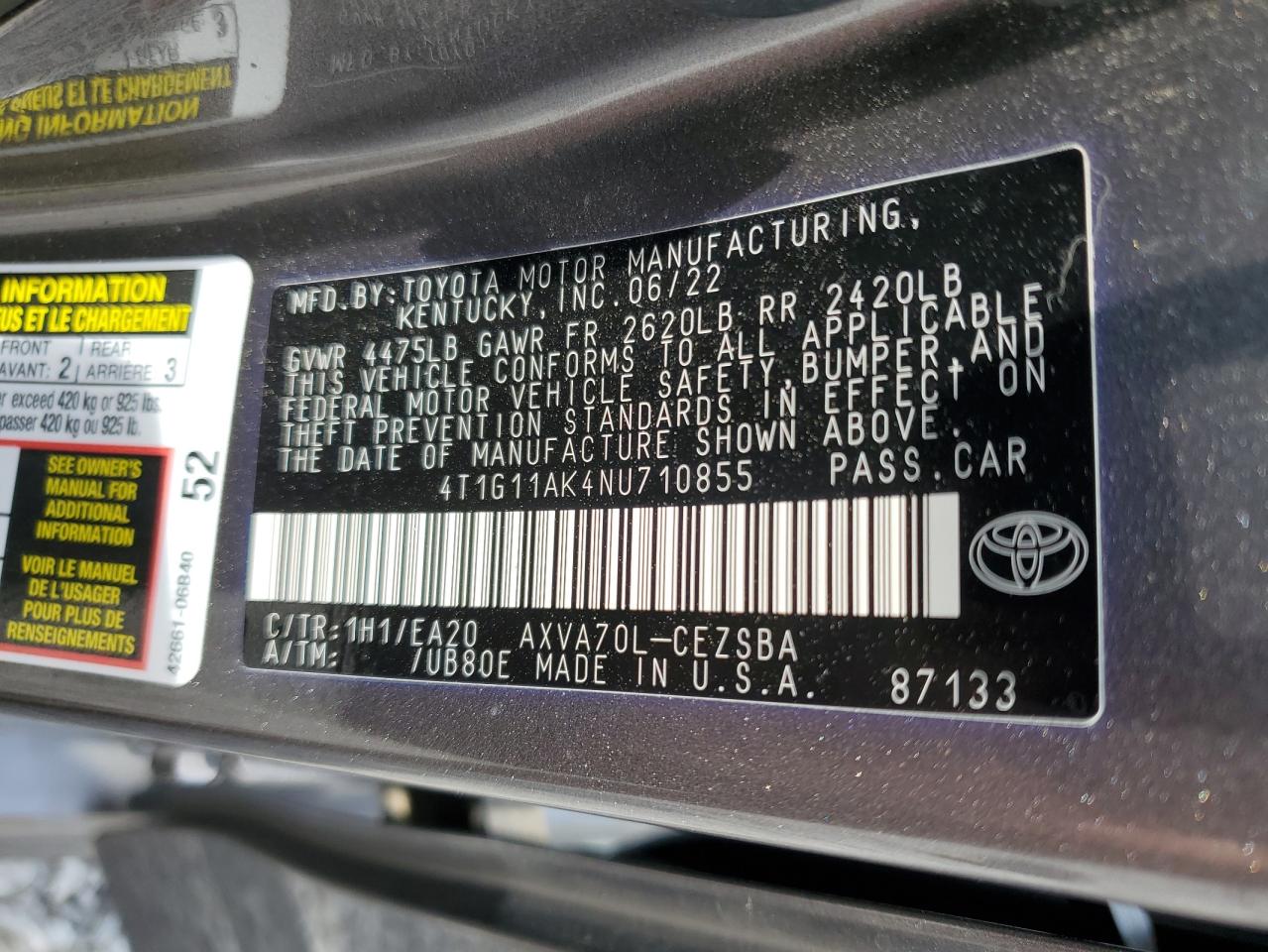 2022 Toyota Camry Se VIN: 4T1G11AK4NU710855 Lot: 65019135