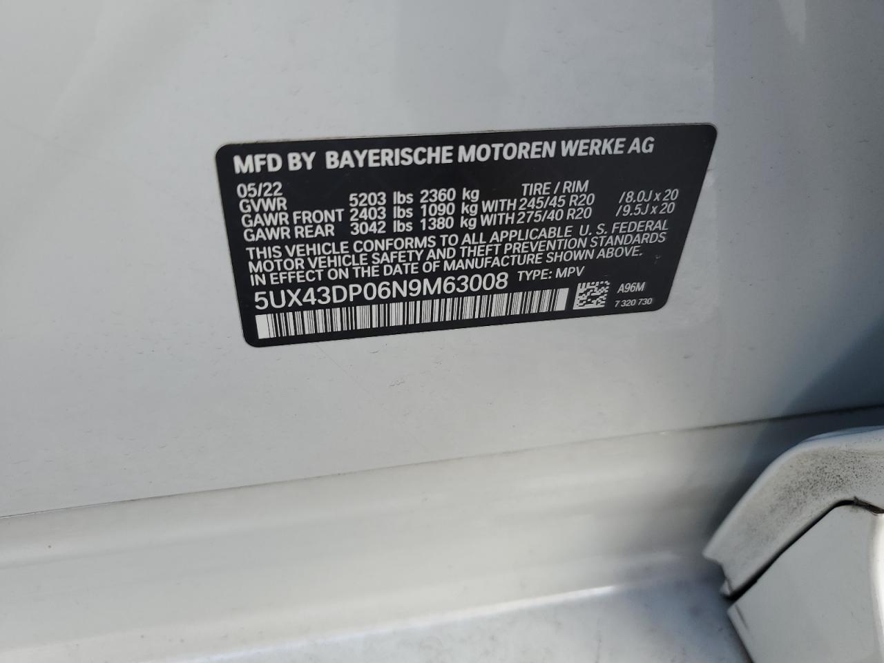 2022 BMW X3 Sdrive30I VIN: 5UX43DP06N9M63008 Lot: 63942215