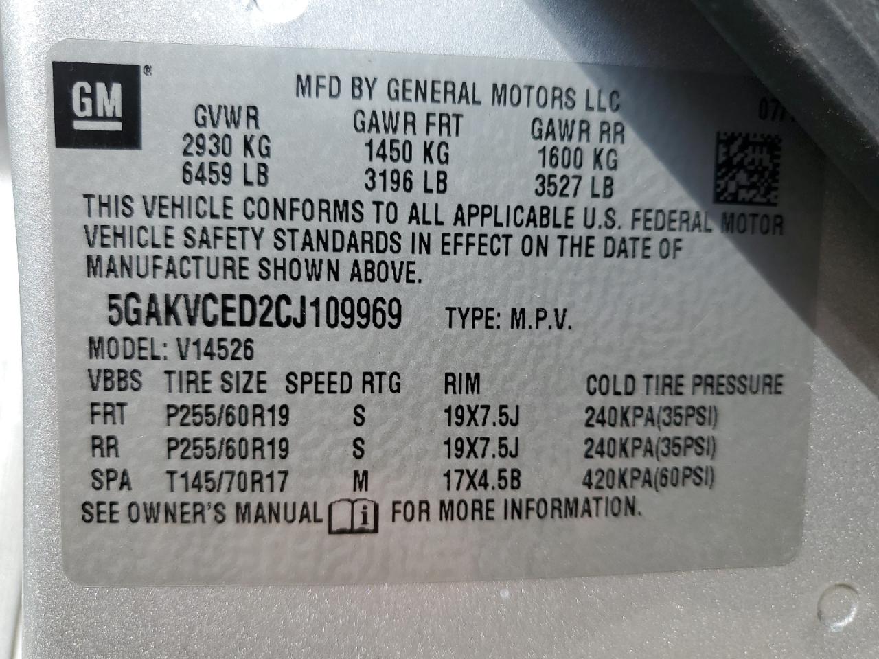 2012 Buick Enclave VIN: 5GAKVCED2CJ109969 Lot: 64328185