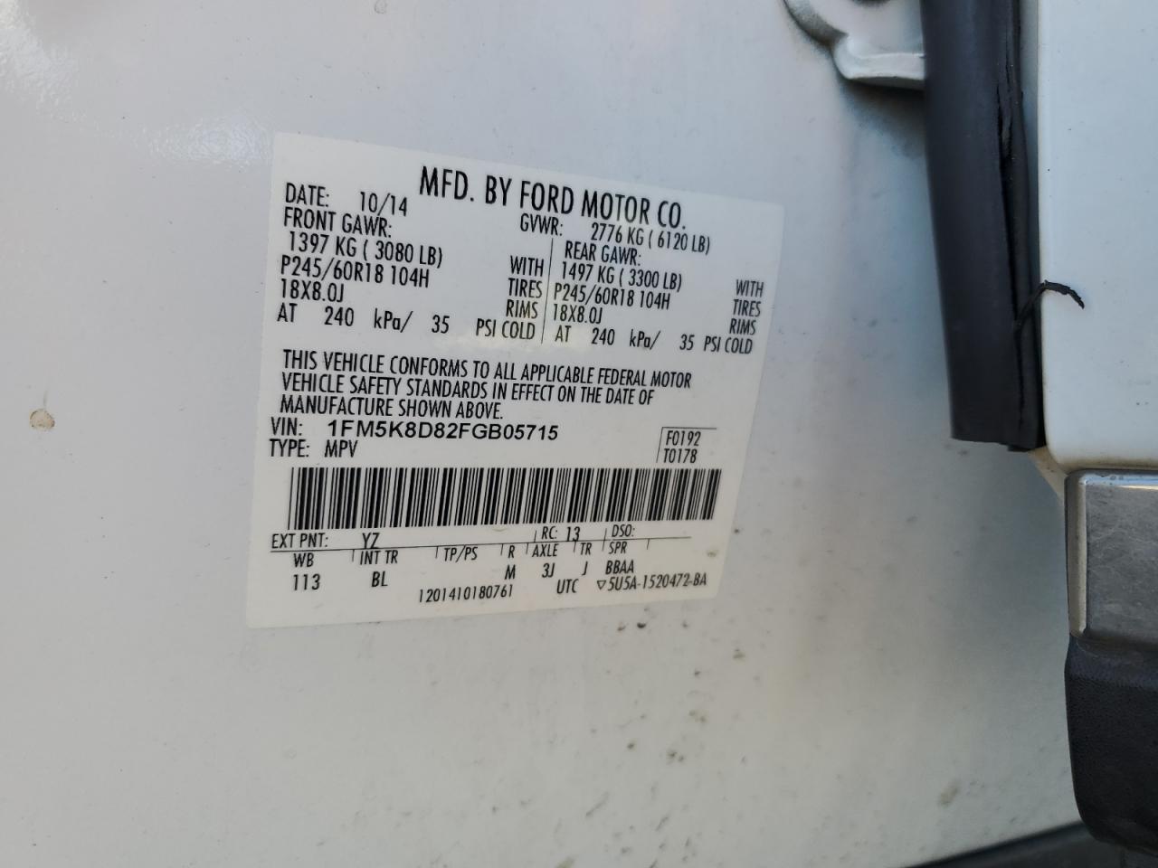 2015 Ford Explorer Xlt VIN: 1FM5K8D82FGB05715 Lot: 64863295