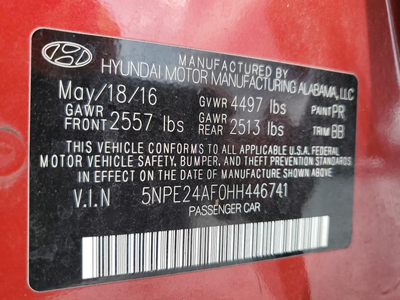 2017 Hyundai Sonata Se VIN: 5NPE24AF0HH446741 Lot: 65063185