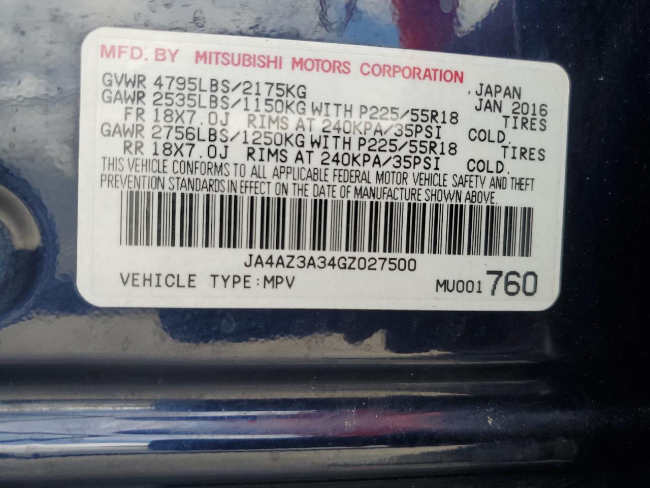 2016 Mitsubishi Outlander Se VIN: JA4AZ3A34GZ027500 Lot: 65452225