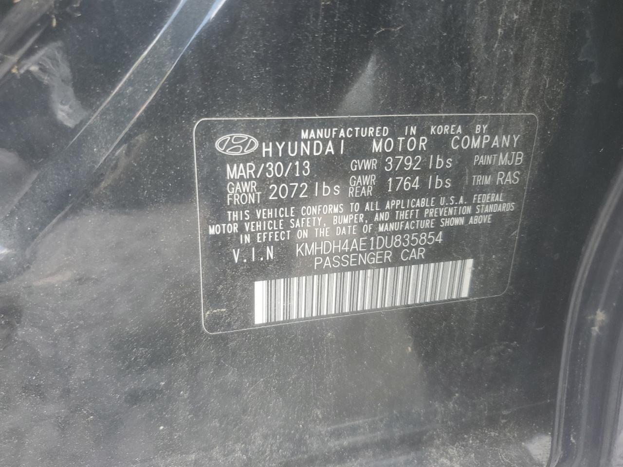 2013 Hyundai Elantra Gls VIN: KMHDH4AE1DU835854 Lot: 66301635