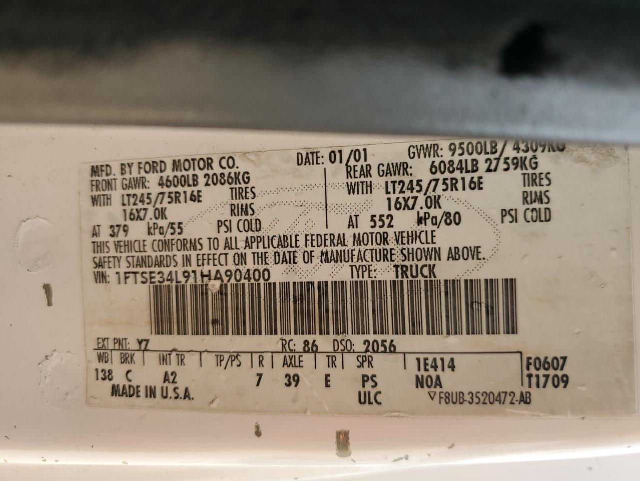 2001 Ford Econoline Cargo E-35 VIN: 1FTSE34L91HA90400 Lot: 66707555