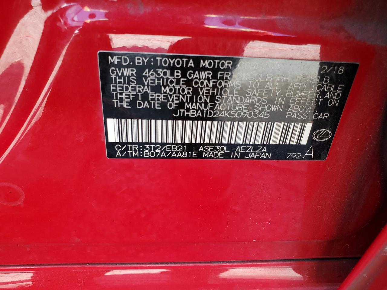 2019 Lexus Is 300 VIN: JTHBA1D24K5090345 Lot: 64672515
