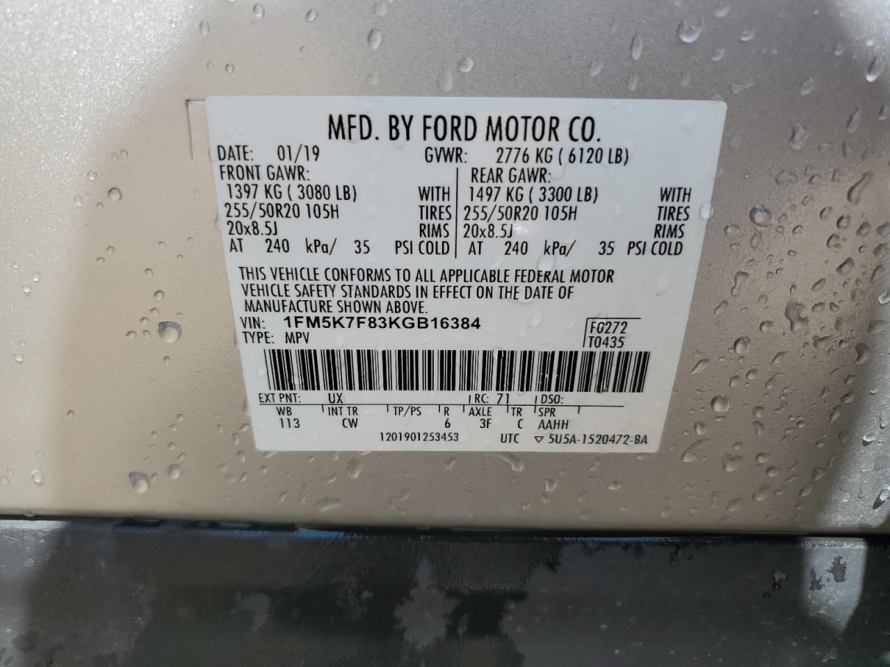 2019 Ford Explorer Limited VIN: 1FM5K7F83KGB16384 Lot: 65544105