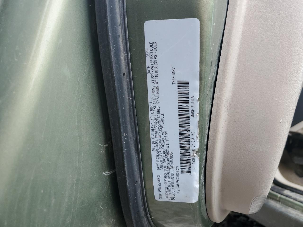 2006 Subaru Outback Outback 3.0R Ll Bean VIN: 4S4BP86C164362274 Lot: 62586405