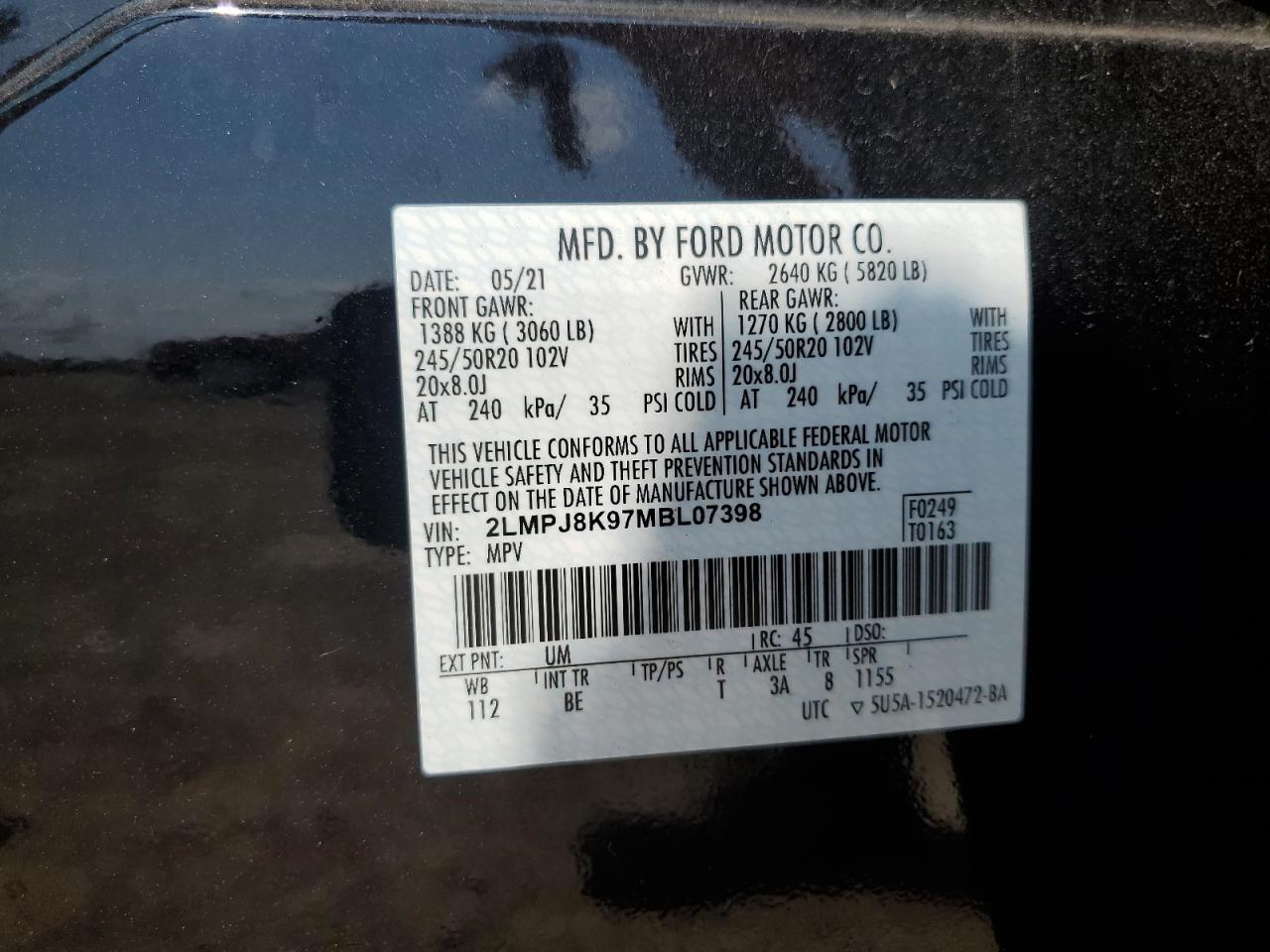 2021 Lincoln Nautilus Reserve VIN: 2LMPJ8K97MBL07398 Lot: 66616905