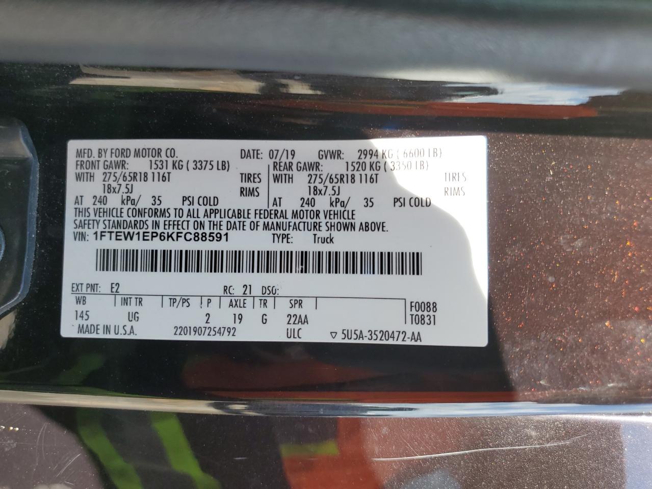 2019 Ford F150 Supercrew VIN: 1FTEW1EP6KFC88591 Lot: 63669915