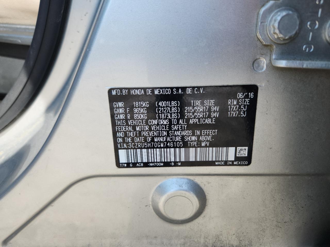 2016 Honda Hr-V Exl VIN: 3CZRU5H70GM746105 Lot: 65037765