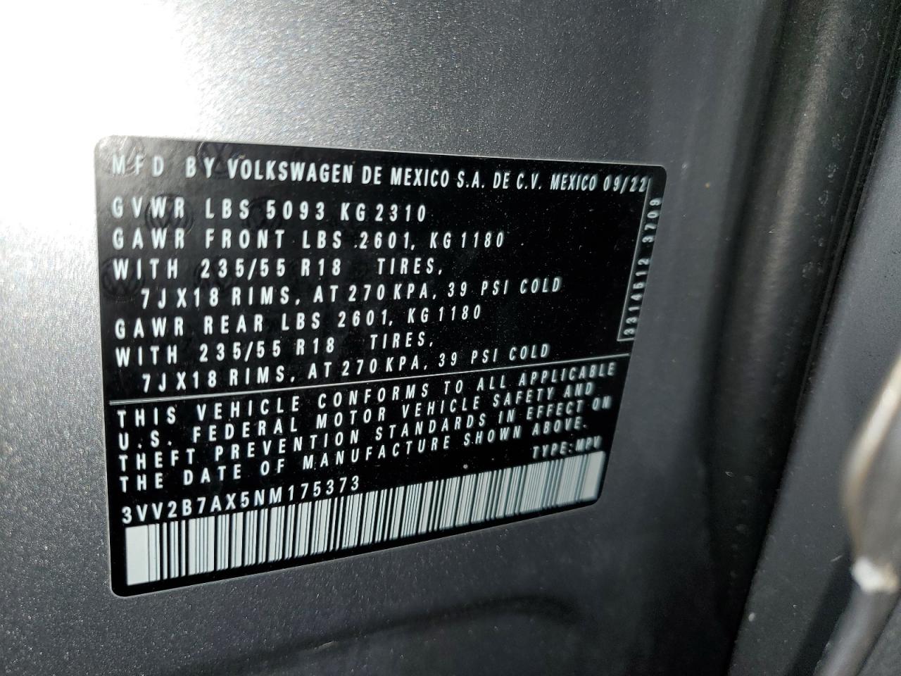 2022 Volkswagen Tiguan Se VIN: 3VV2B7AX5NM175373 Lot: 63378335