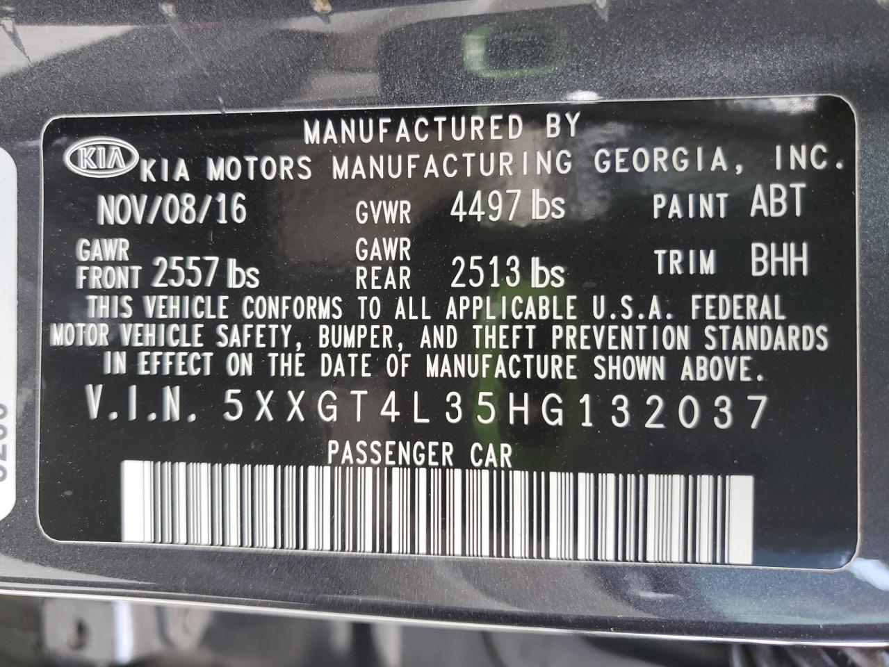 2017 Kia Optima Lx VIN: 5XXGT4L35HG132037 Lot: 64140545