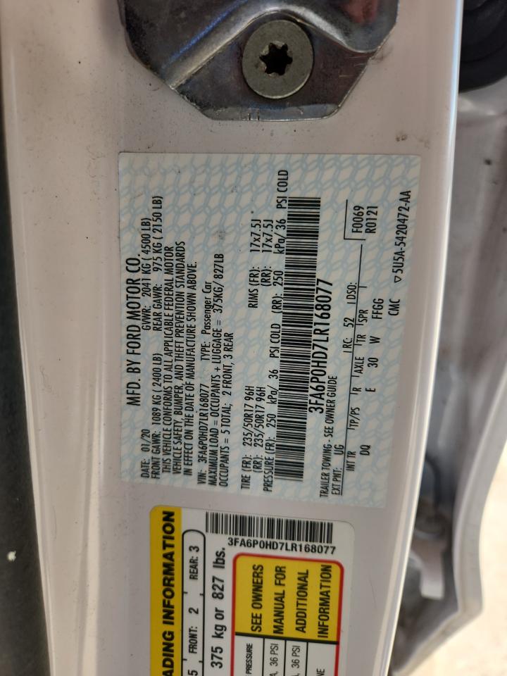 2020 Ford Fusion Se VIN: 3FA6P0HD7LR168077 Lot: 64028625