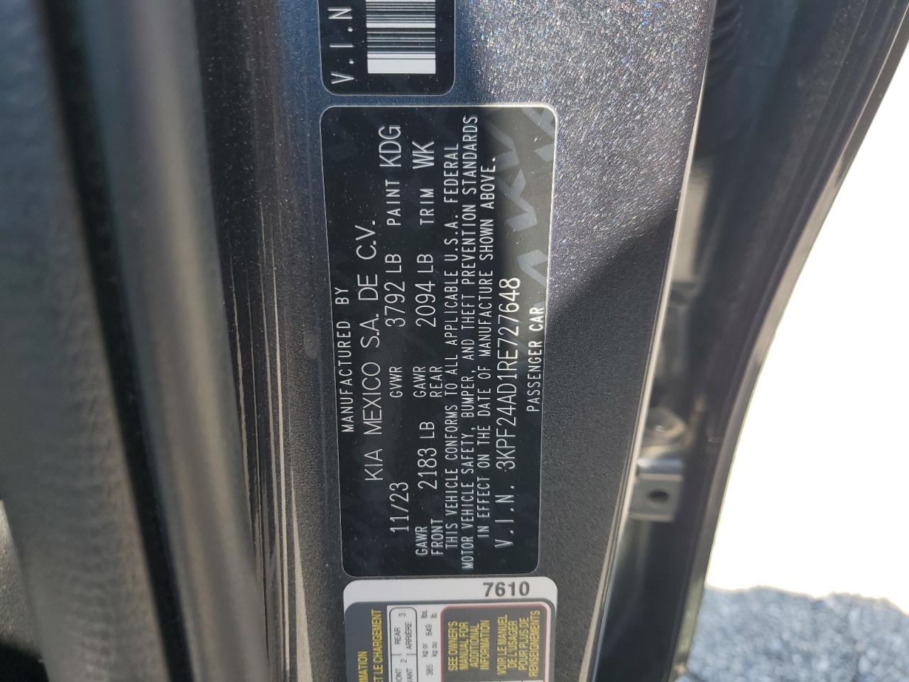 2024 Kia Forte Lx VIN: 3KPF24AD1RE727648 Lot: 64464235