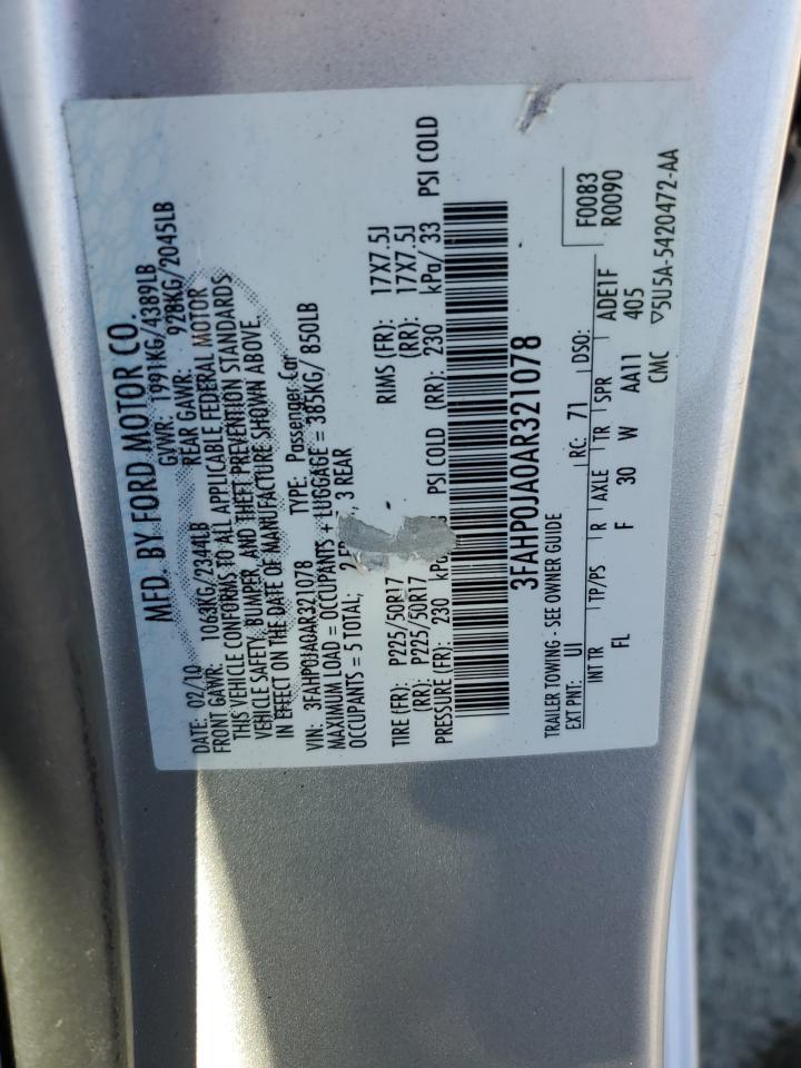 2010 Ford Fusion Sel VIN: 3FAHP0JA0AR321078 Lot: 65015035