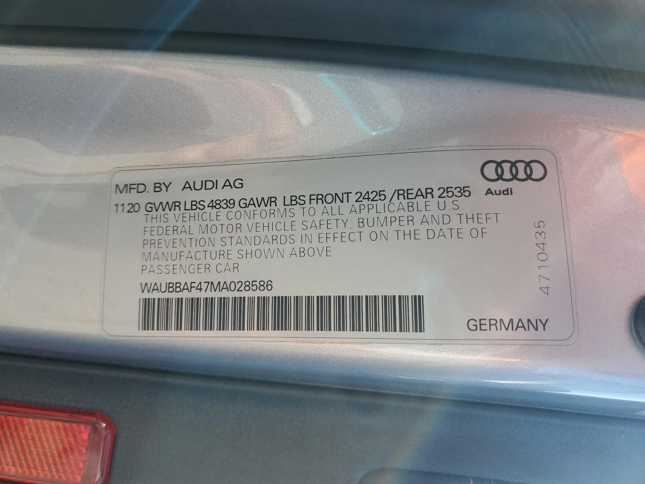 2021 Audi A4 Premium Plus 40 VIN: WAUBBAF47MA028586 Lot: 63868765