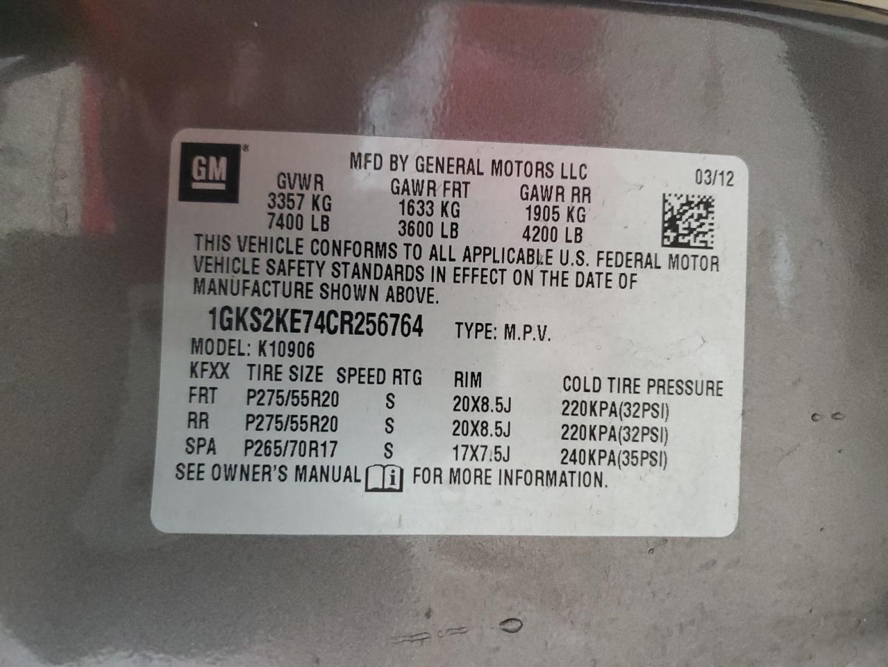 2012 GMC Yukon Xl K1500 Slt VIN: 1GKS2KE74CR256764 Lot: 63197125