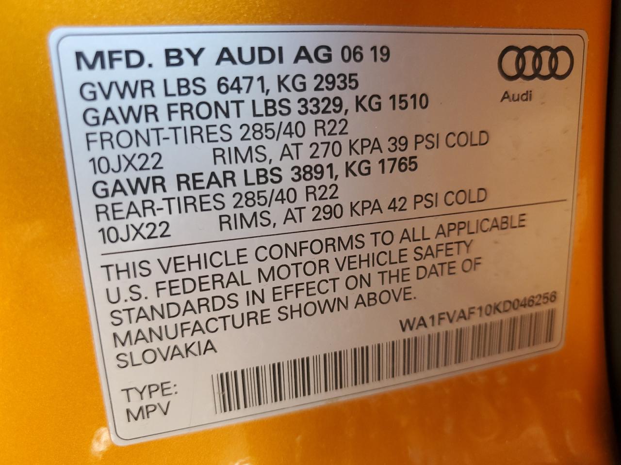 2019 Audi Q8 Prestige S-Line VIN: WA1FVAF10KD046256 Lot: 63834435
