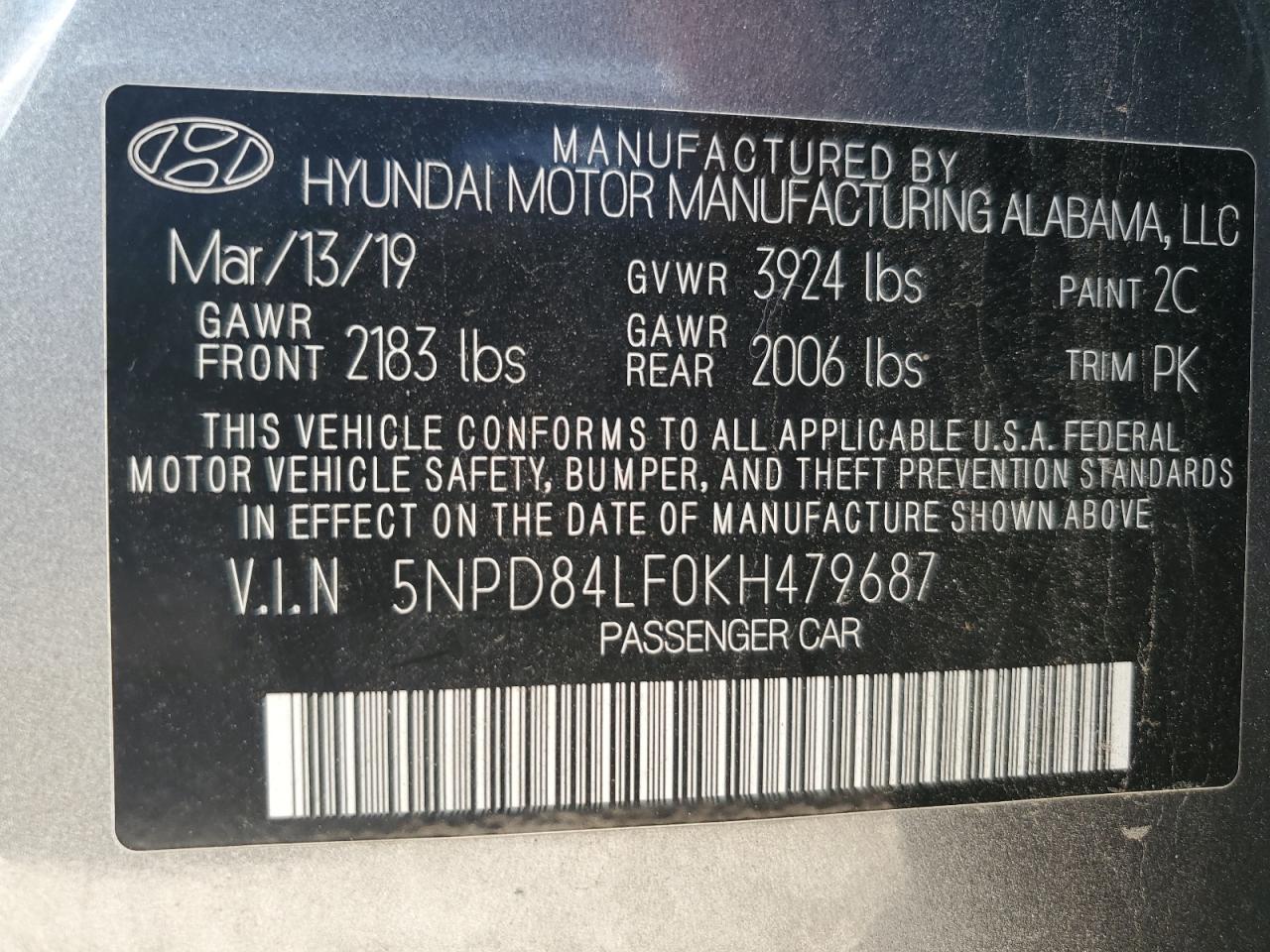 2019 Hyundai Elantra Sel VIN: 5NPD84LF0KH479687 Lot: 65596135