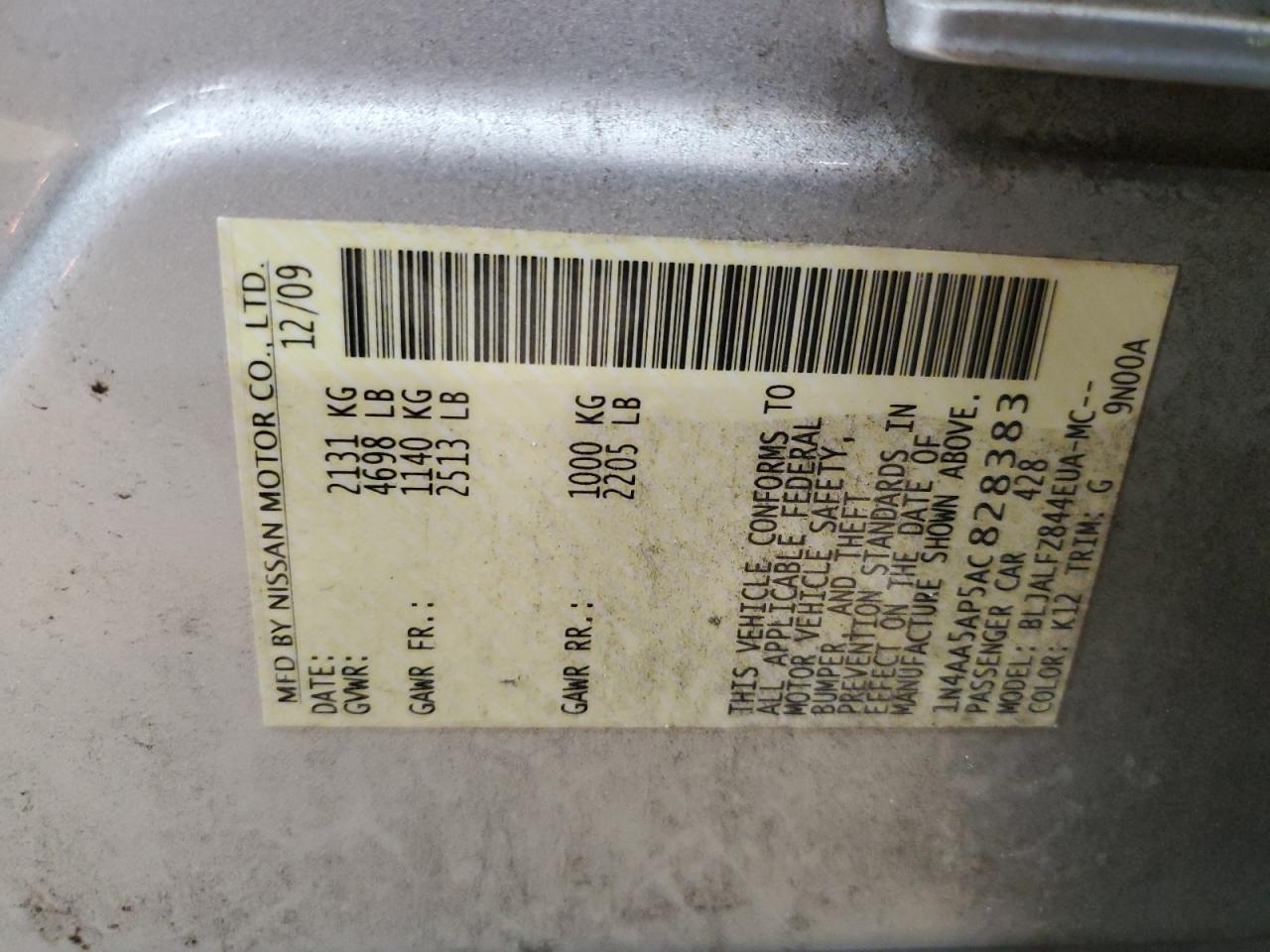 2010 Nissan Maxima S VIN: 1N4AA5AP5AC828383 Lot: 64823995