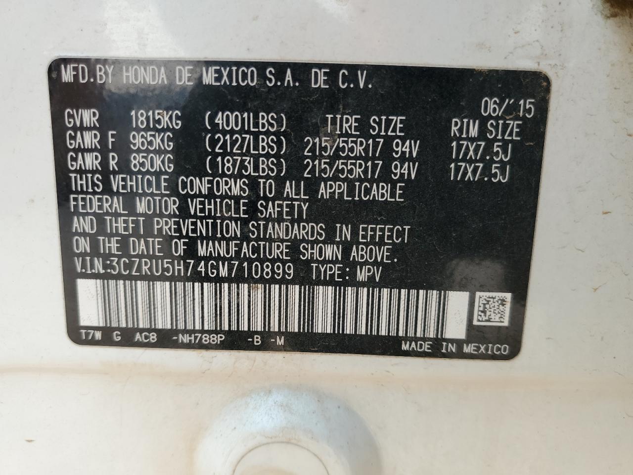 2016 Honda Hr-V Exl VIN: 3CZRU5H74GM710899 Lot: 64631765