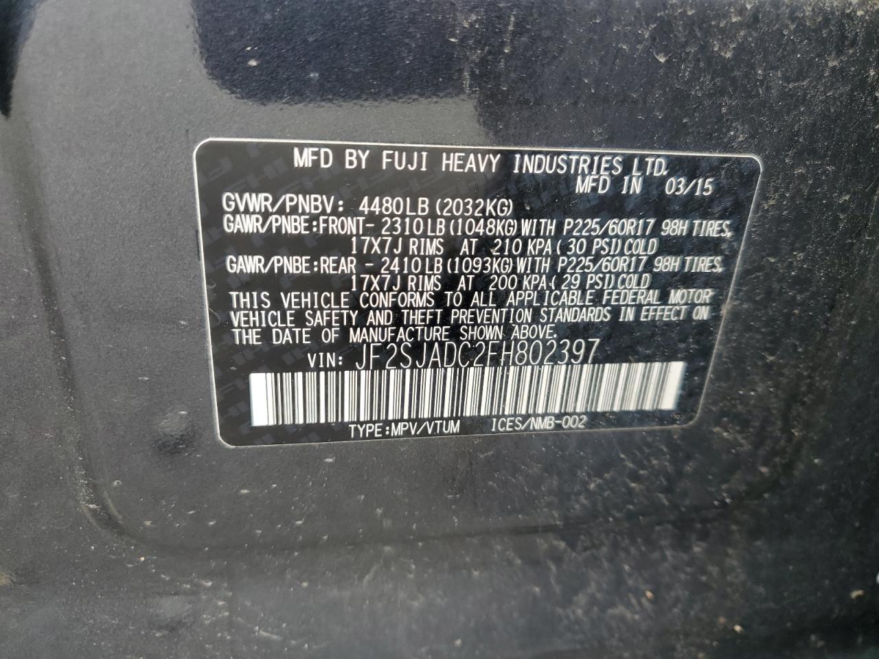 2015 Subaru Forester 2.5I Premium VIN: JF2SJADC2FH802397 Lot: 63830485