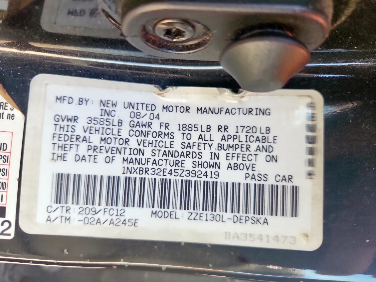1nxbr32e45z392419 1NXBR32E45Z392419 2005 Toyota Corolla Ce