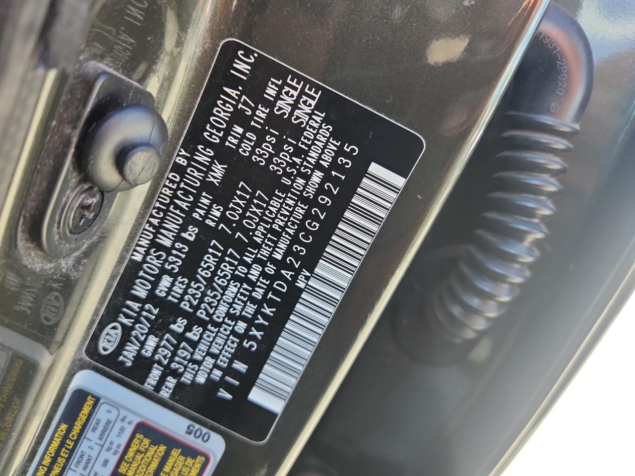 2012 Kia Sorento Base VIN: 5XYKTDA23CG292135 Lot: 62680025