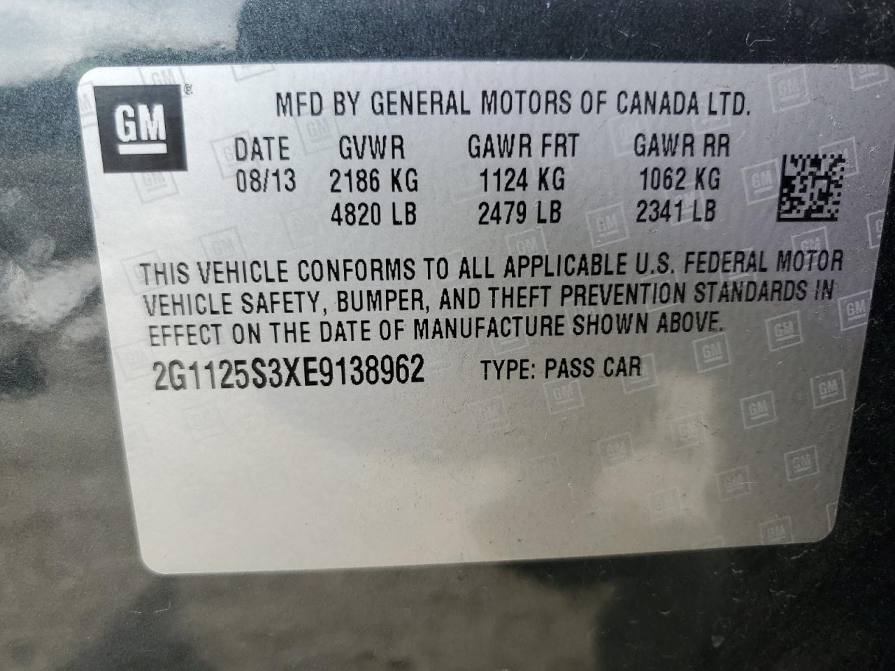 2014 Chevrolet Impala Lt VIN: 2G1125S3XE9138962 Lot: 64721125