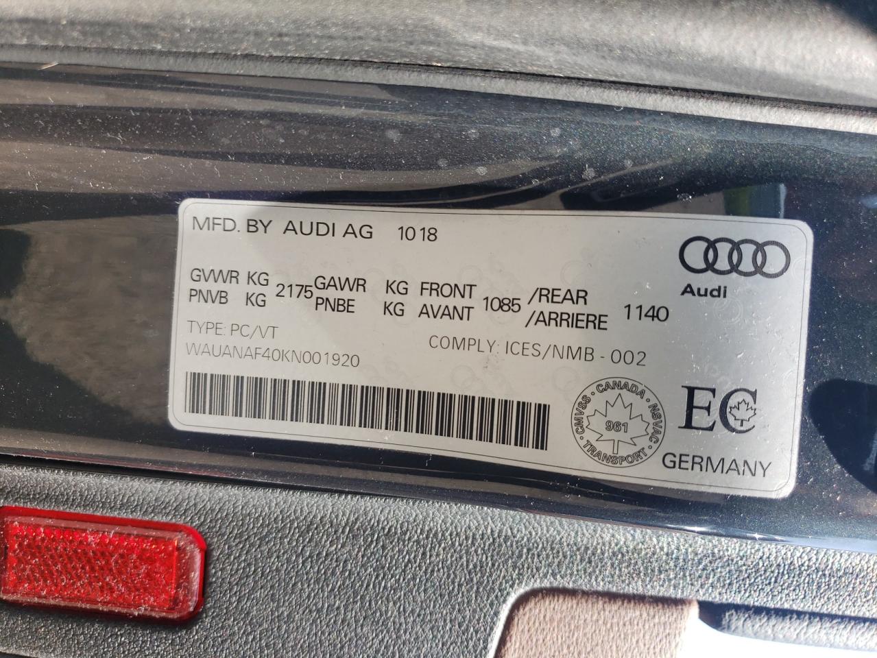 2019 Audi A4 Komfort VIN: WAUANAF40KN001920 Lot: 62855365