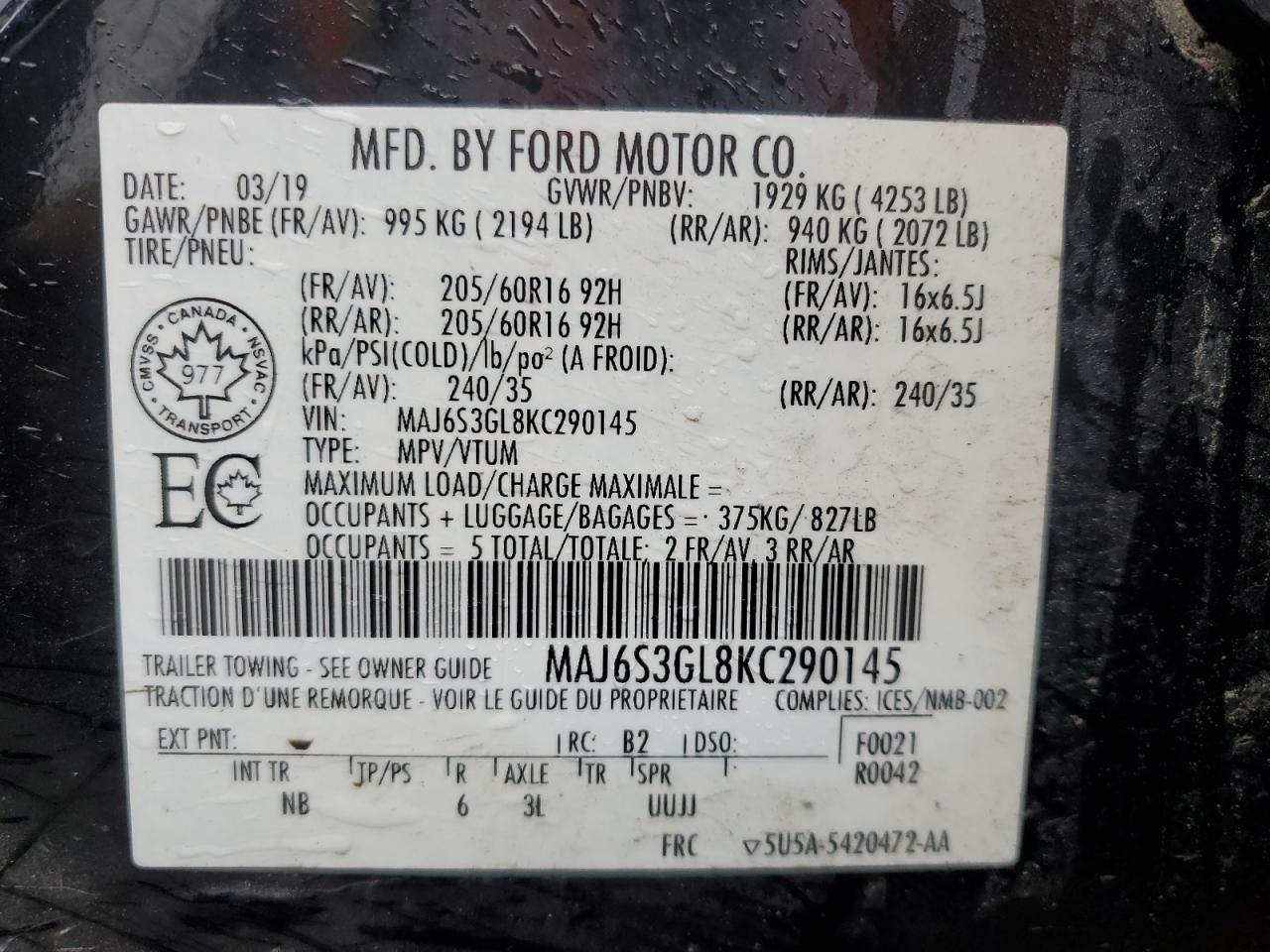 2019 Ford Ecosport Se VIN: MAJ6S3GL8KC290145 Lot: 63805115