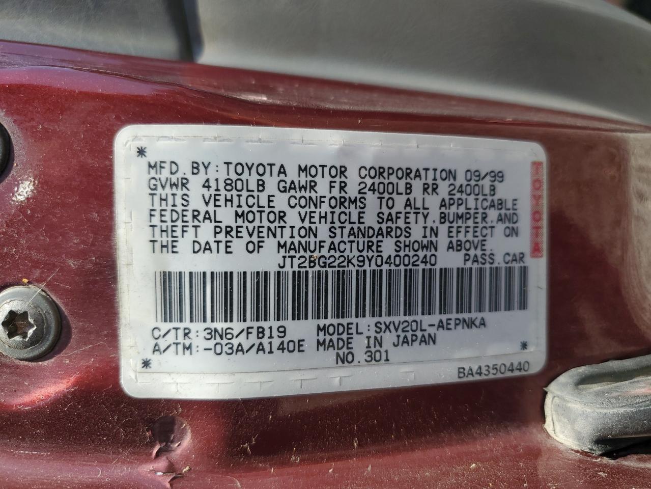 2000 Toyota Camry Ce VIN: JT2BG22K9Y0400240 Lot: 64599335