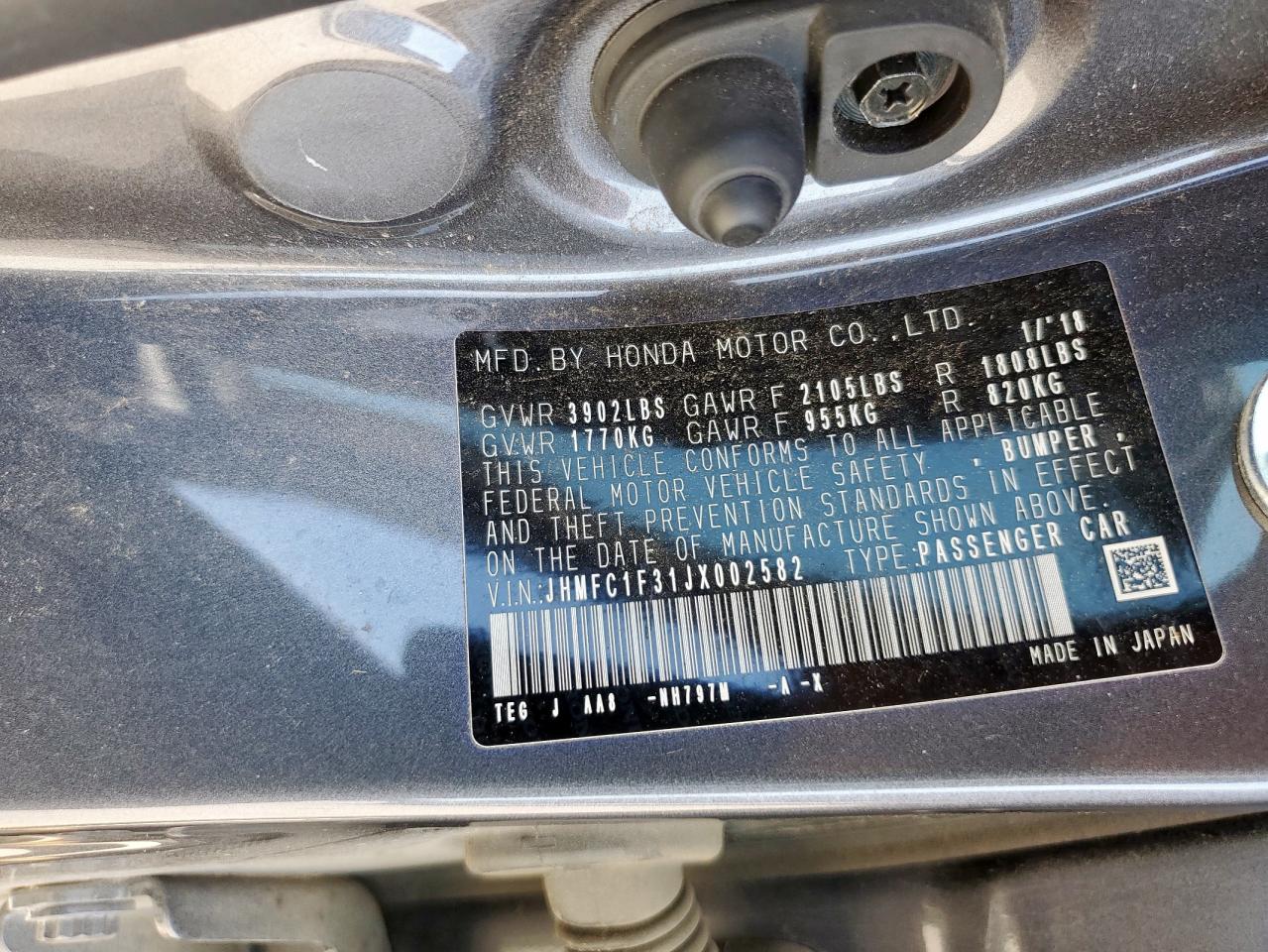 2018 Honda Civic Ex VIN: JHMFC1F31JX002582 Lot: 65901575