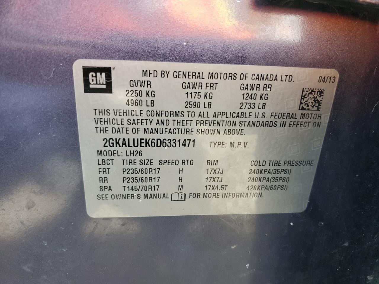 2013 GMC Terrain Slt VIN: 2GKALUEK6D6331471 Lot: 65274635